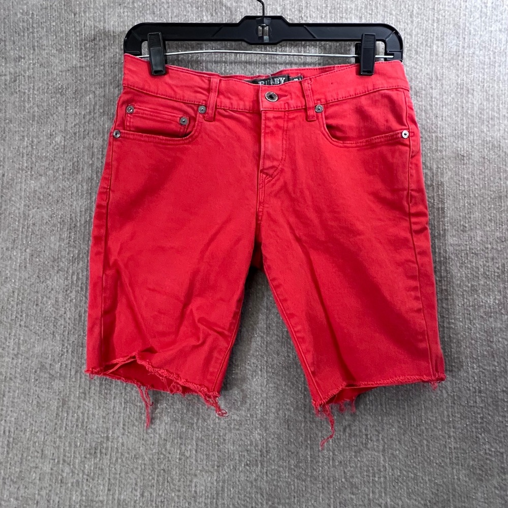 Rugby Ralph Lauren Red Denim Shorts Size 28 Raw Hem Distressed Skull Patch Rare!